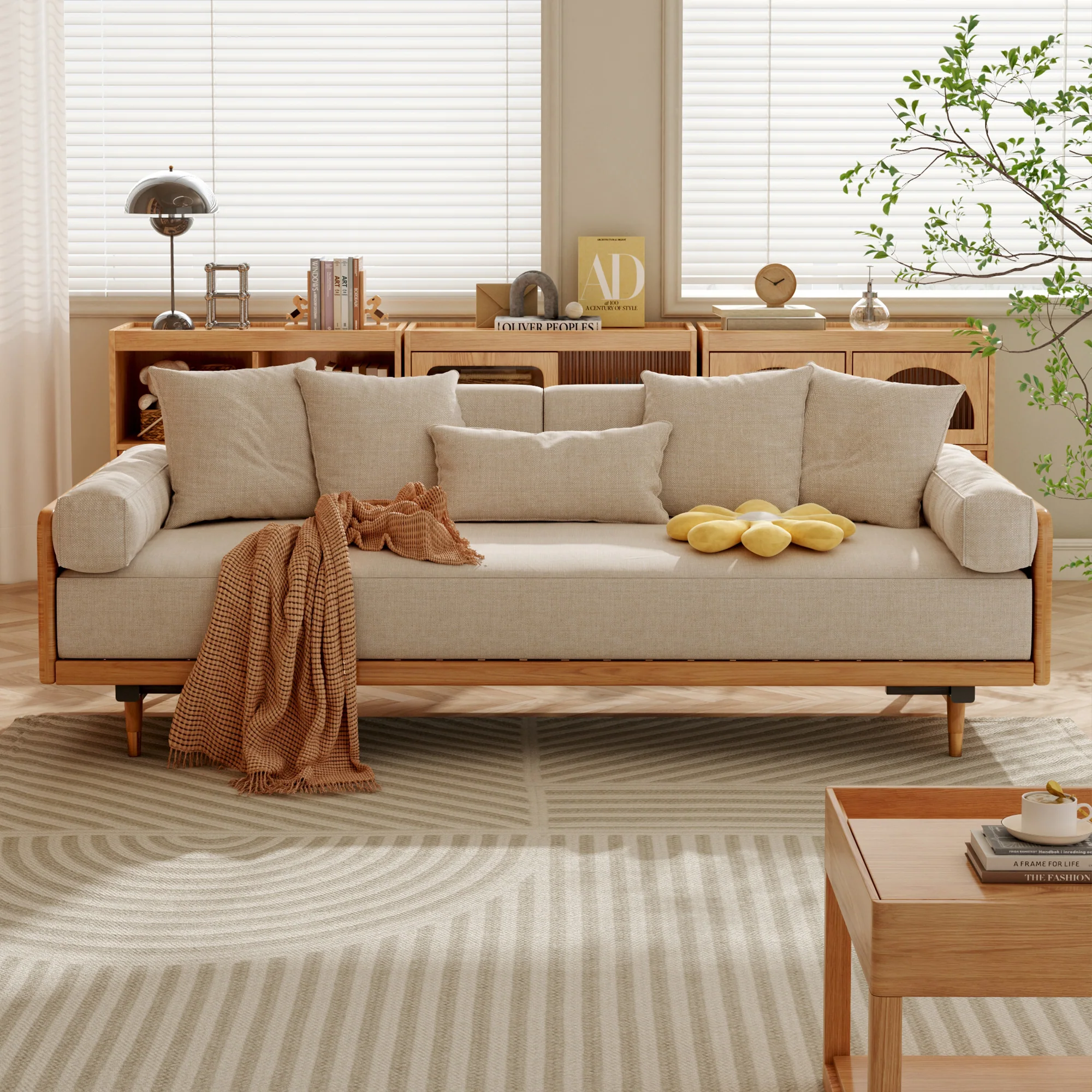 Wooden Frame Sofa – Minimalist Solid Wood Couch with Cushions